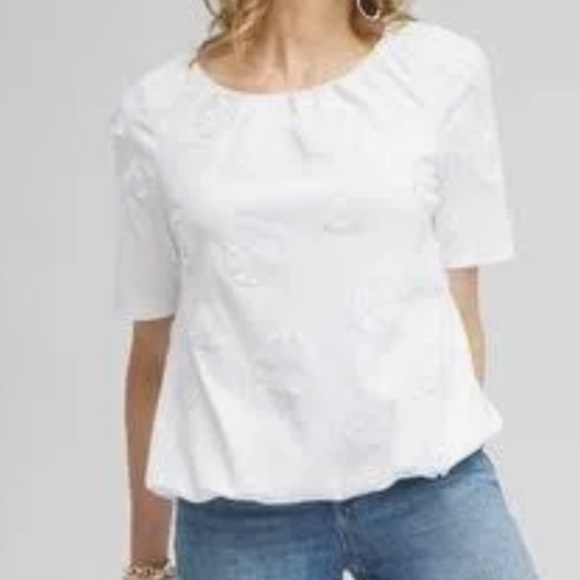 Chico's Plus-Size White Floral 3D Applique Bubble Hem Knit Top Sz XXL - Picture 2 of 9